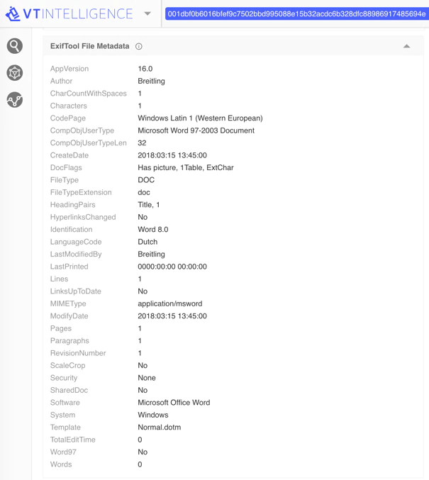 Figure 8. The Word document containing the author name Breitling.