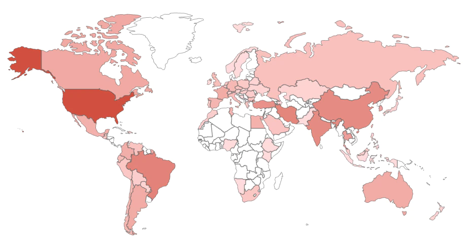 Figure 2. PACS systems connected to the Internet. Darker colors represent more systems.