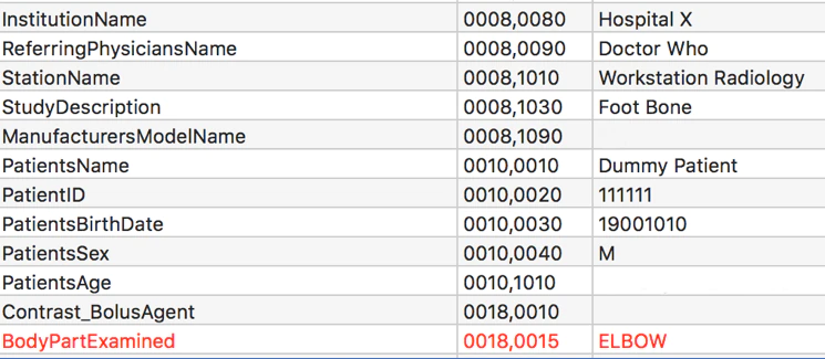 Figure 9. Altered metadata of the test patient image.