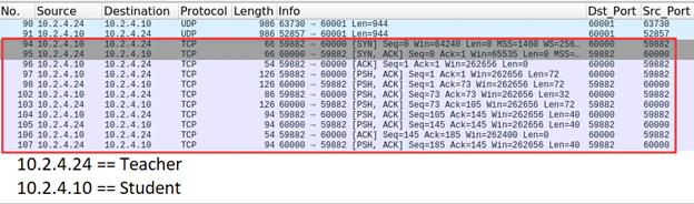 Figure 8: Wireshark capture of a teacher starting class