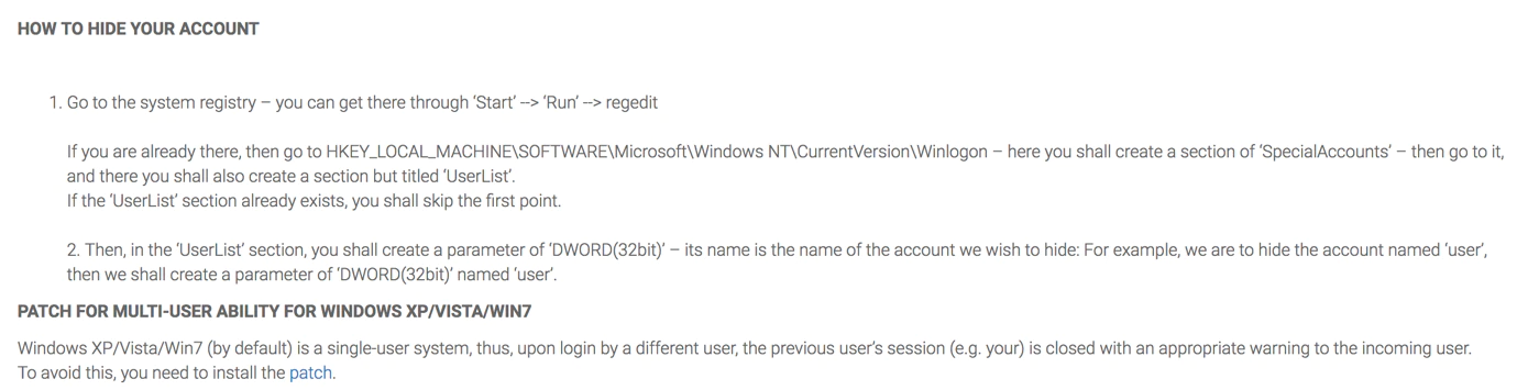 This screen from the UAS Shop’s FAQ section explains how to add several registry keys to hide user accounts.