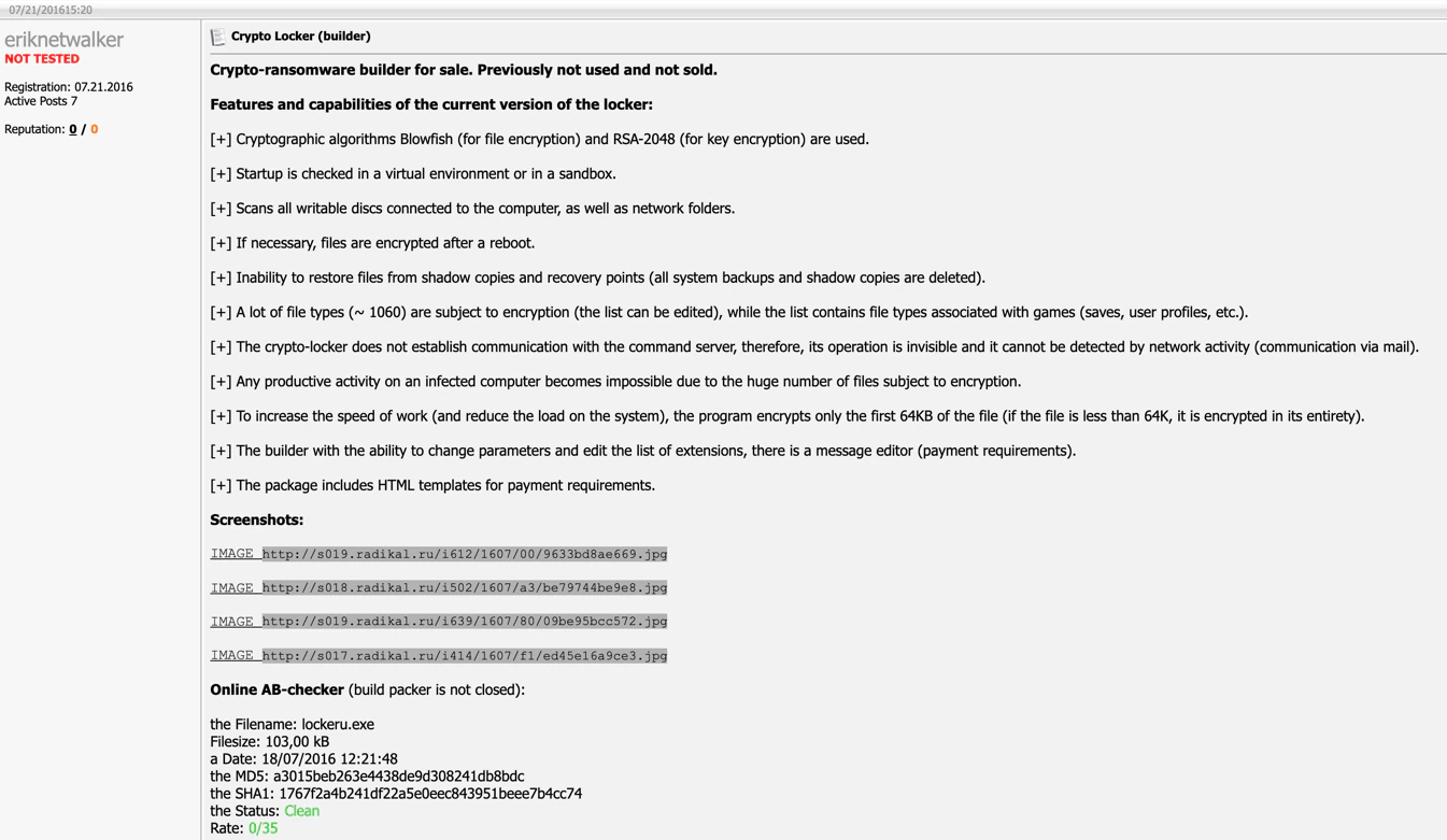 Figure 26. Eriknetwalker began advertising their ransomware in 2016 (Google-translated from Russian)