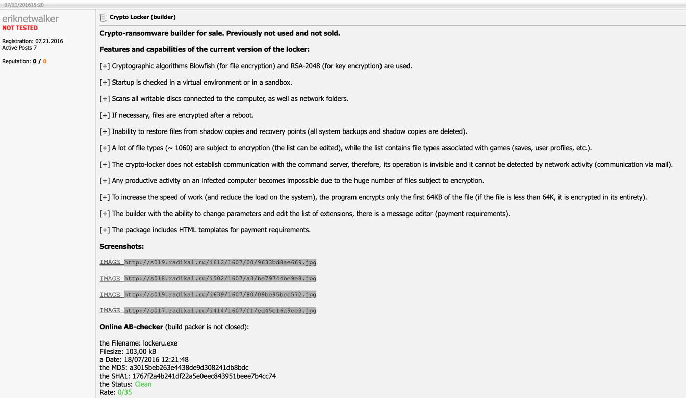 Figure 26. Eriknetwalker began advertising their ransomware in 2016 Google-translated from Russian