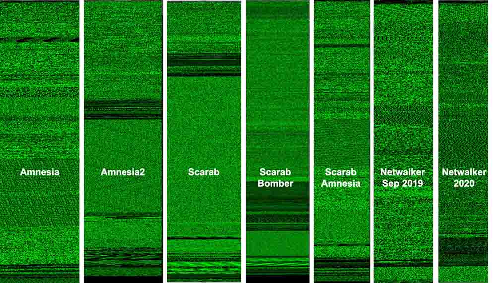 Figure 27. Flat visualization of binary data of the different ransomware variants