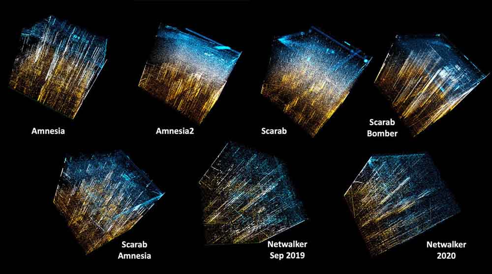 Figure 28. 3D visualization of binary data of the different ransomware variants