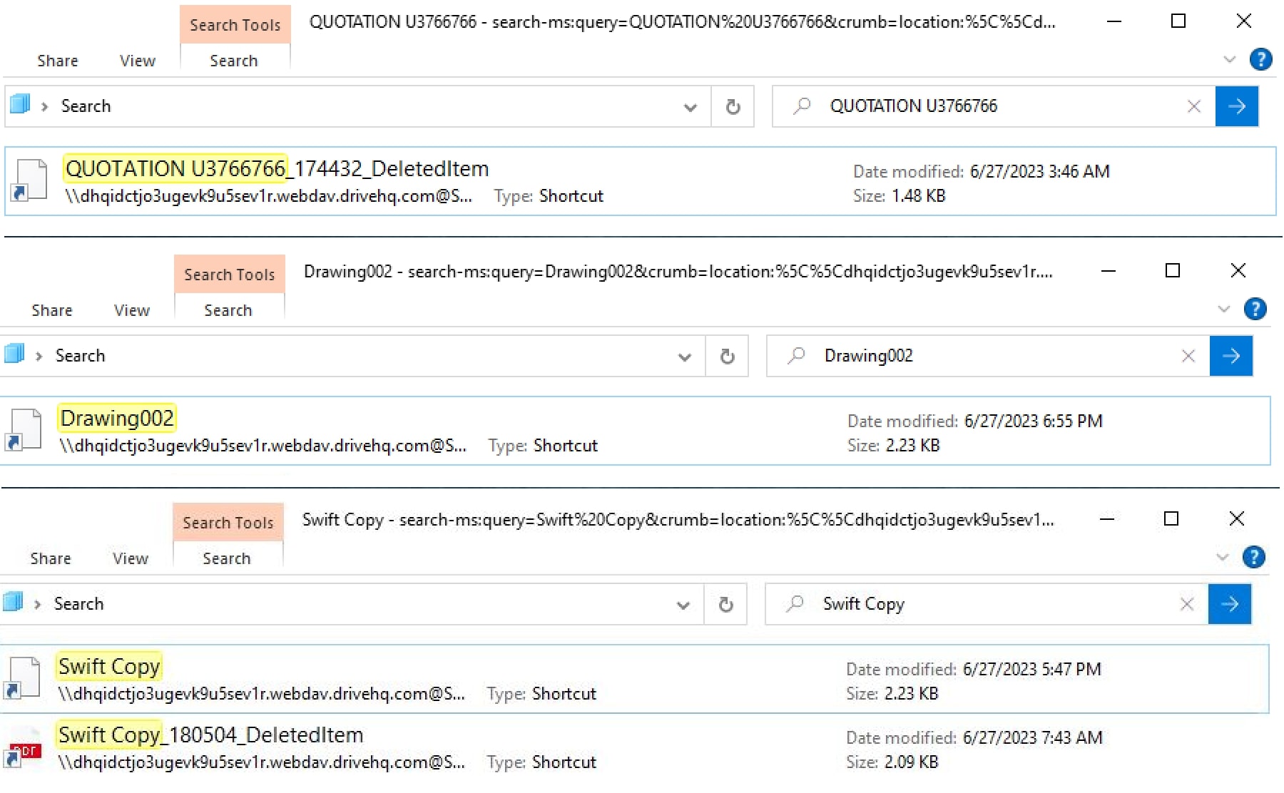 Figure 12: Windows Explorer showing different shortcut files based on search keyword