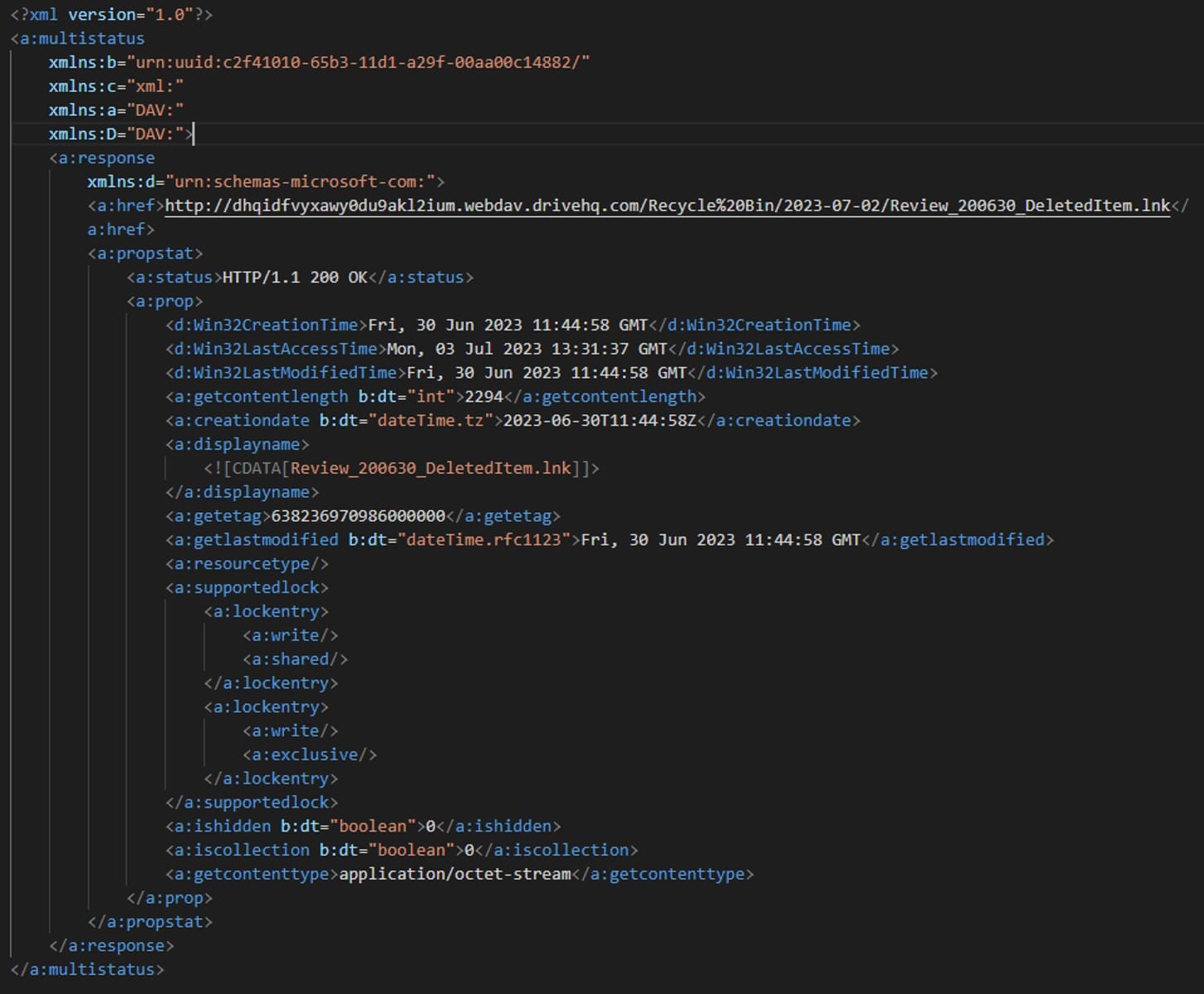 Figure 9: XML Format PROPFIND method response