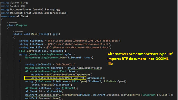 Figure 16: Code to insert RTF into DOCX using AltChunk