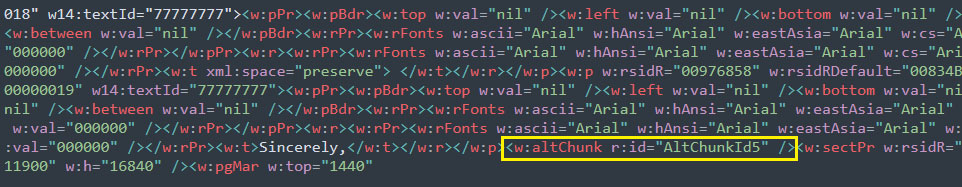 Figure 3 – document.xml using altChunk to embed malicious RTF 