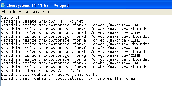 FIGURE 8. The BAT file to disable the shadow volumes and more security