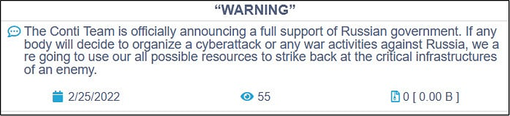図1.ロシア政権への支持を表明するコンティ。 出典：BleepingComputer