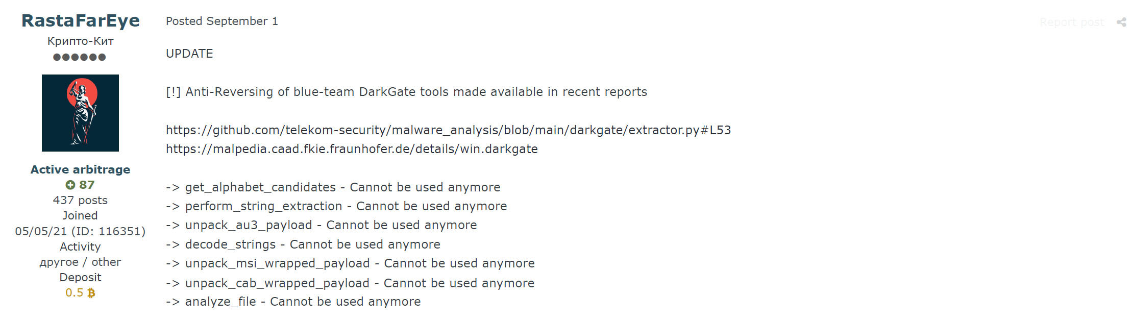 Figure 3: RastaFarEye mentions some DarkGate analysis performed by security companies and researchers. Also, he states that several changes have been applied to break the security tools developed by them.