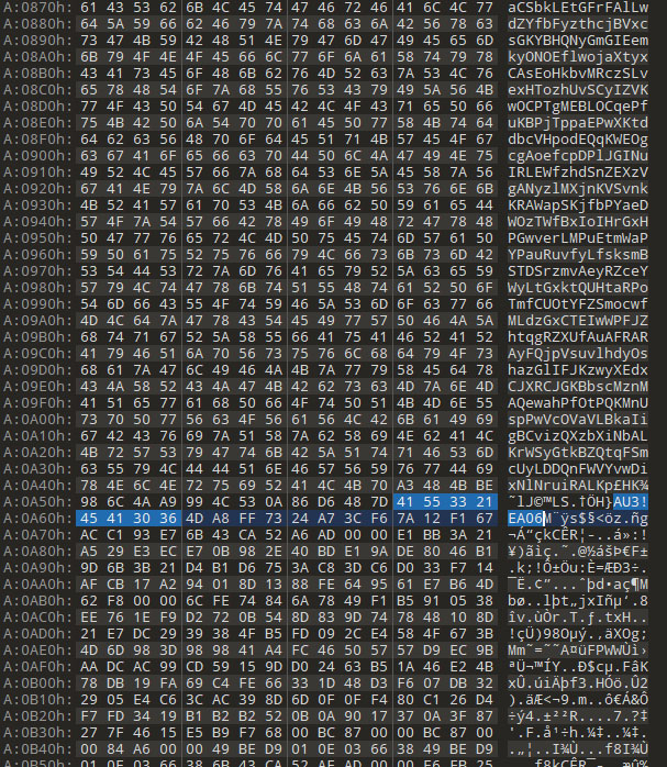 Figure 9: Compiled AutoIT script with a chunk of"unknown" data prior the AutoIT magic number.