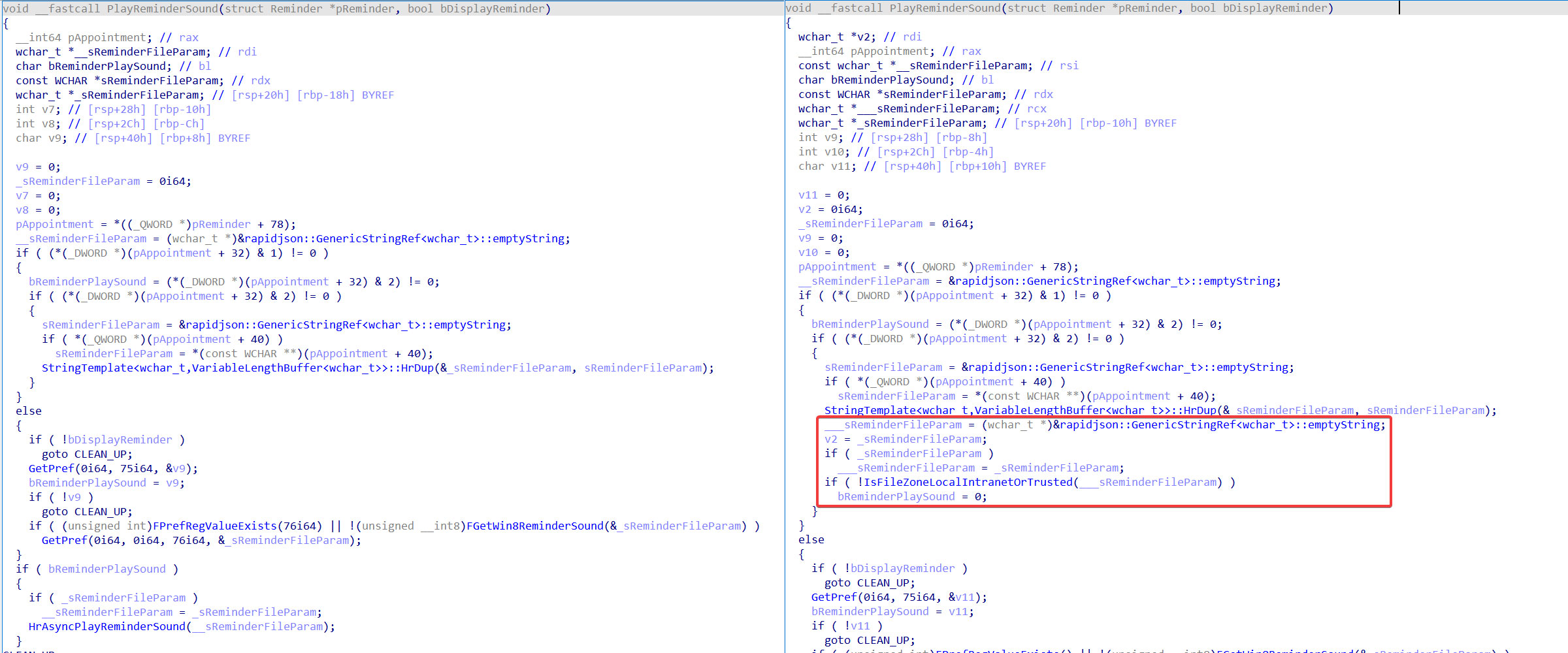 Figure 1: PlayReminderSound before left and after right the March security update.