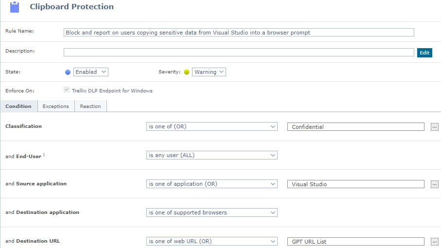 Figure 5: DLP Rule for Blocking & Reporting on Data Copied from Visual Studio to a Browser Prompt