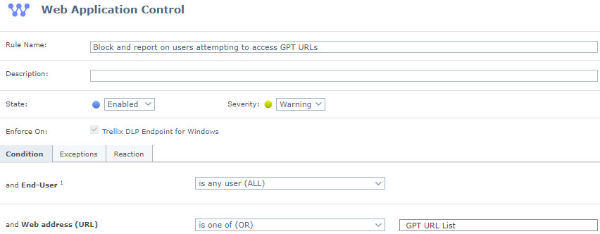 図 6: GPT URL にアクセスするユーザーをブロックおよび報告するための DLP ルール