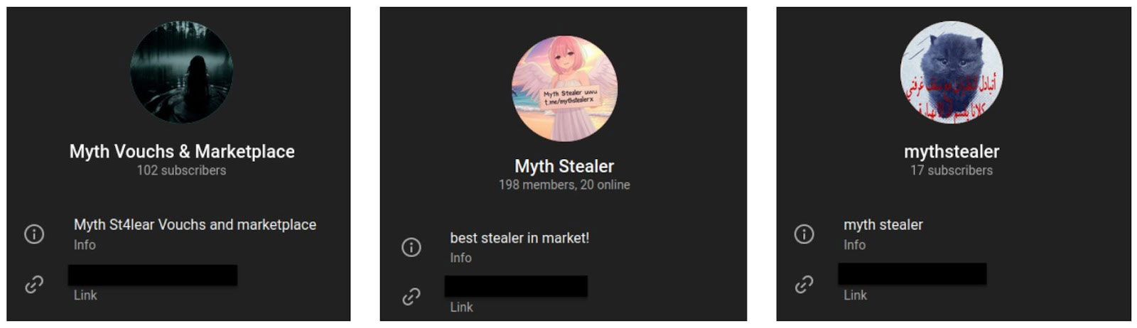 Figure 2: Different channels and groups for
Myth Stealer in Telegram