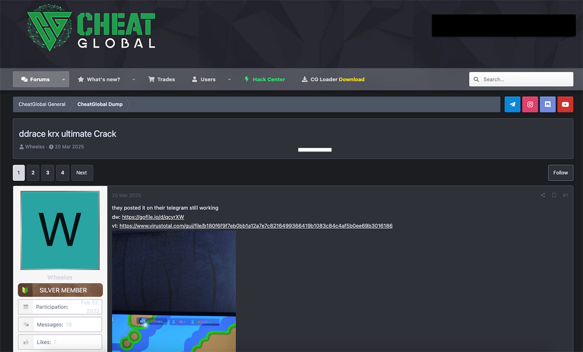 Figure 4: Myth Stealer presented as a crack of a game cheating software in an online forum.