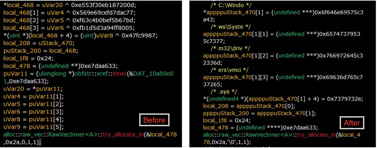Figure 9: Results visible in the
decompiled output before and after running the scripts. Comments show the
string constants.