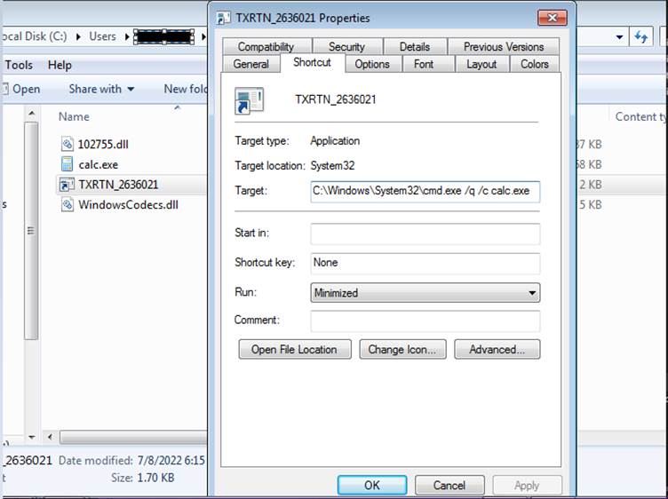 The lnk file properties shows the target with which it is associated    