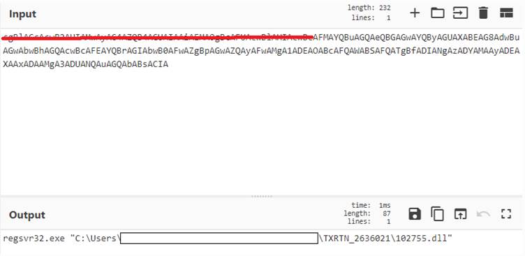 Figure 25: Decoded scheduled task command pointing to loader DLL