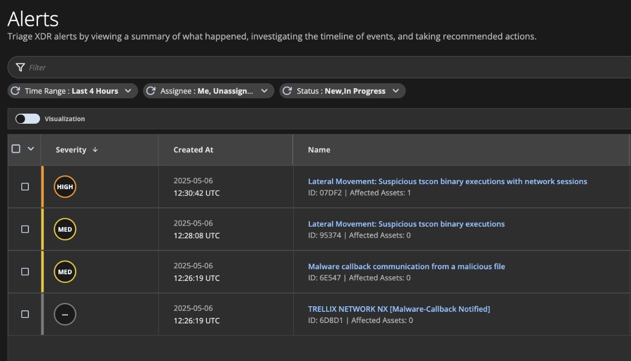 Figure 2: All alerts triggered for the RDP session hijack attack.