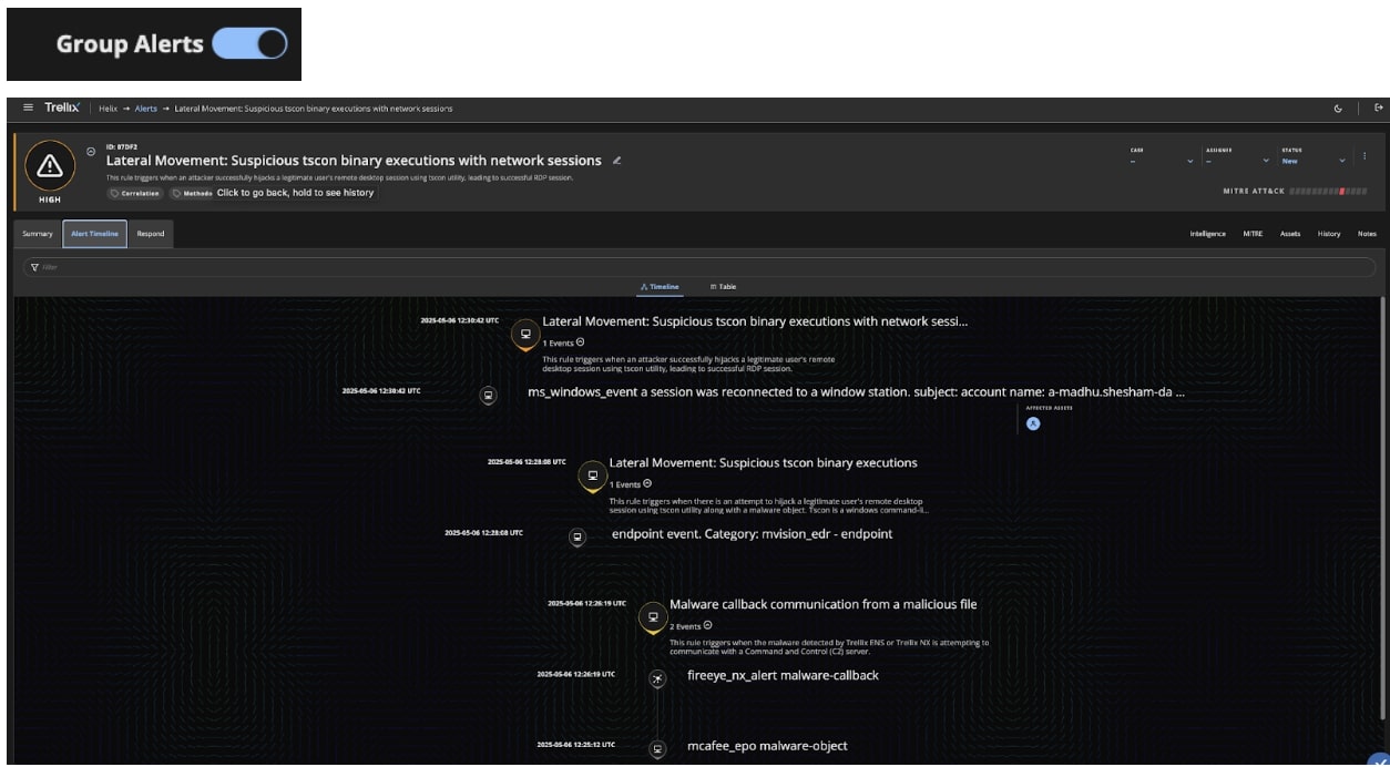 Figure 3: Correlated alerts formed from enabling “Group Alerts.”