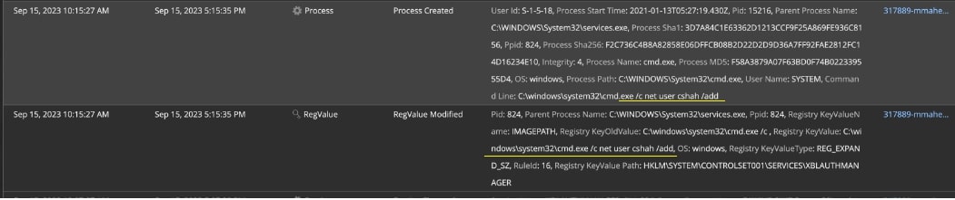 Figure 10:  Detailed alerts view for net user command