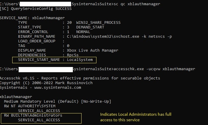Figure 2: Checking service permissions