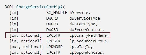 Figure 6 – ChangeServiceConfig parameters