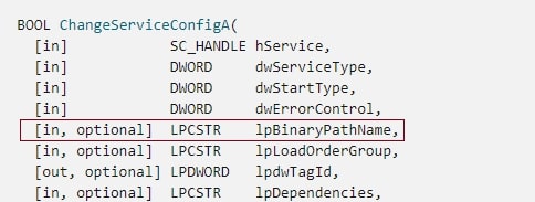 Figure 6 – ChangeServiceConfig parameters
