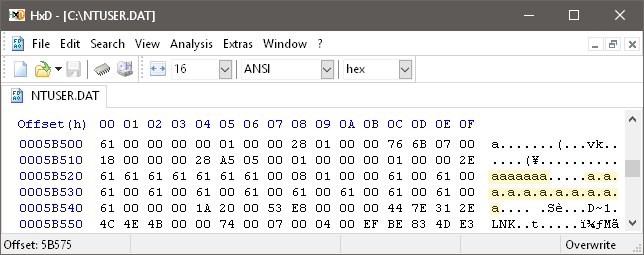 The overwritten value is present in the registry hive