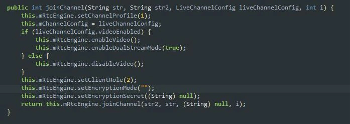 Figure 12: joinChannel function from Android apps not using encryption