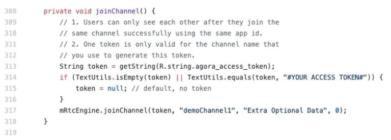 Figure 5: Agora sample program joinChannel function