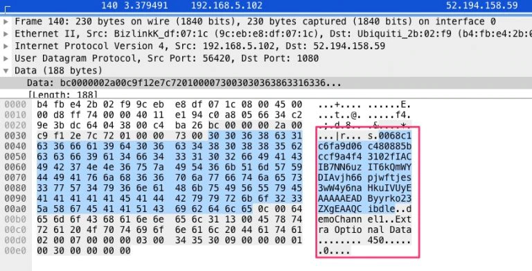 Figure 9: Wireshark capture of Agora call with tokens