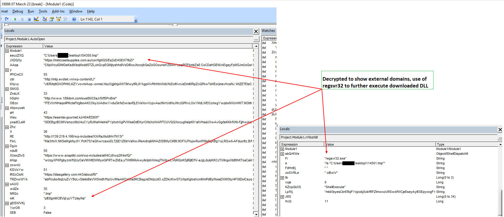 Figure 9: Macros decrypted to show contacted domains and usage of regsvr32.