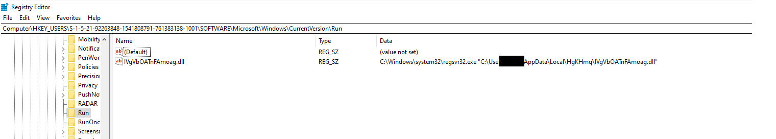 Figure 14: Registry Run keys created by Regsvr32 binary.