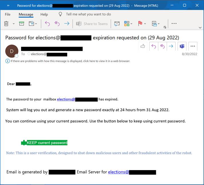 Example phishing email targeting county election workers with a password admin lure