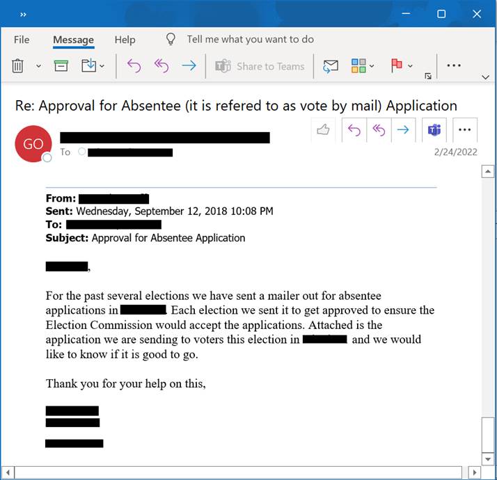 Example phishing email thread targeting a county election worker through a trusted email thread
