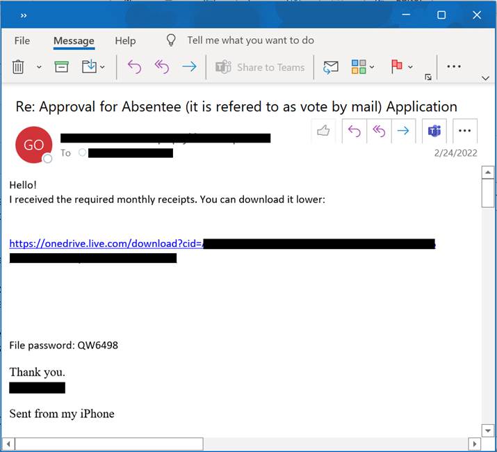 Example phishing email targeting a county election employee with Absentee Application lure