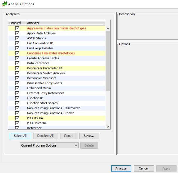 Figure 1 - The applied Ghidra analyzers, all of which are selected