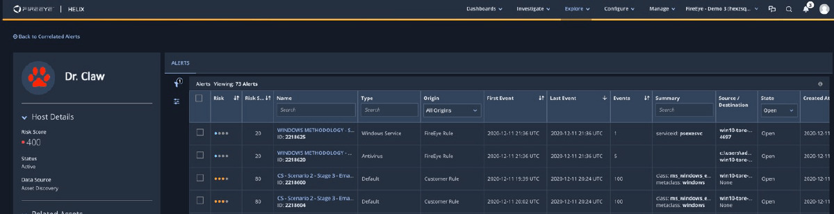 FireEye Helix view of alerts associated with Dr. Claw