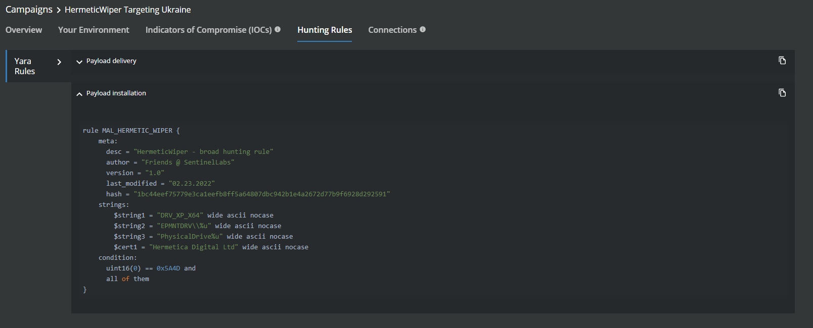 Figure 5. Hunting Rules for HermeticWiper Malware