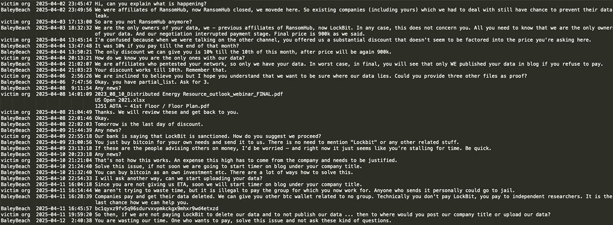 Figure 15: LockBit’s advert BaleyBeach’s negotiation chats with RansomHUB victim