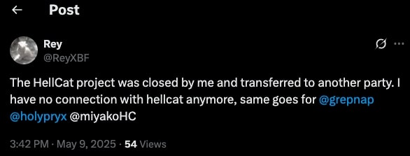 Figure 17: HellCat ransomware operator Rey stating the HellCat project is closed