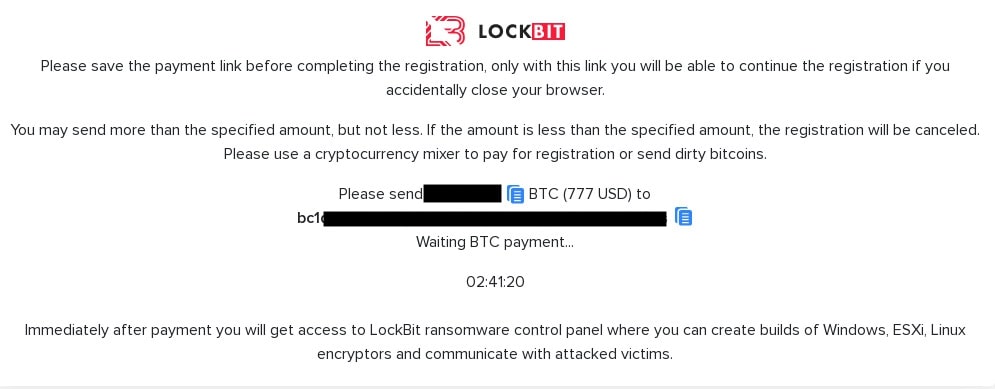 Figure 5: LockBit’s auto-registration page where advert is requested to pay $777 USD