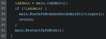 Figure 21 - The administrative privilege check within the “-safe” command-line interface argument’s handler